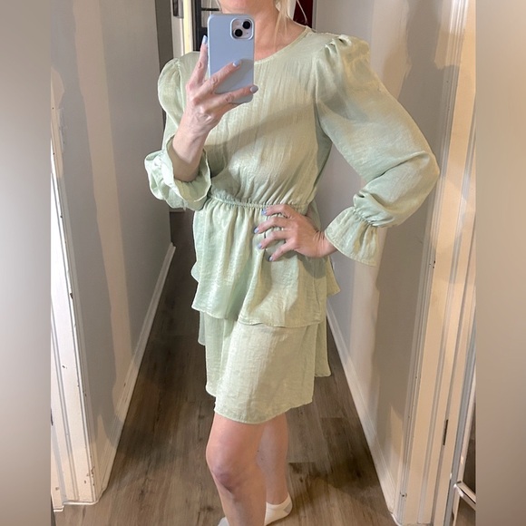 Anthropologie Flounce London Tall satin tiered mini dress in sage green - Picture 11 of 11